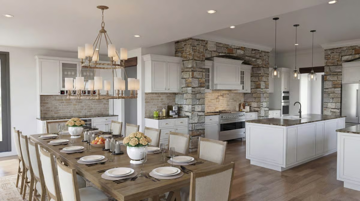 Hydrangeas and Raw Wood Bring Warmth to a Stone-Wrapped Kitchen