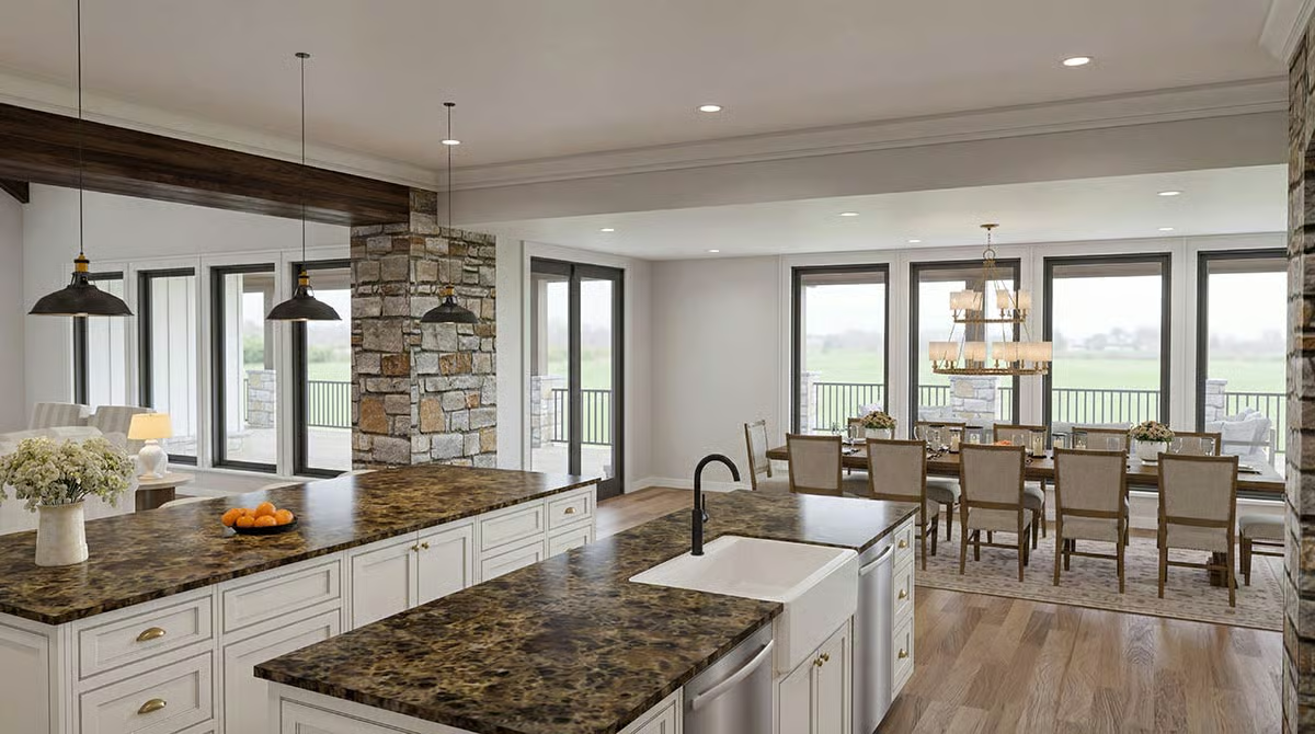 Dark Granite Islands and a Farmhouse Sink Make This Kitchen Hard to Forget