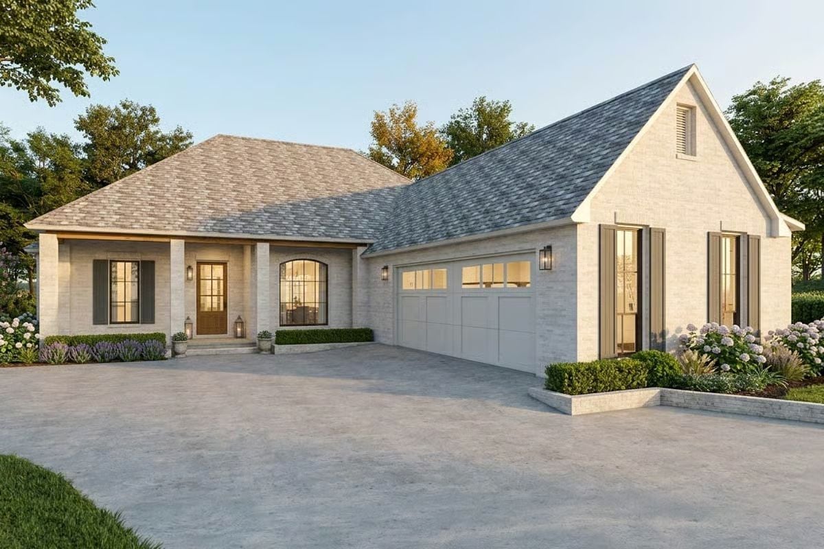 3-Bedroom French Country Home with Open Living Space and Courtyard Garage (Floor Plan)