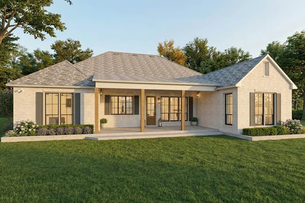 Whitewashed Brick Exterior with Covered Back Porch and Black-Framed Windows