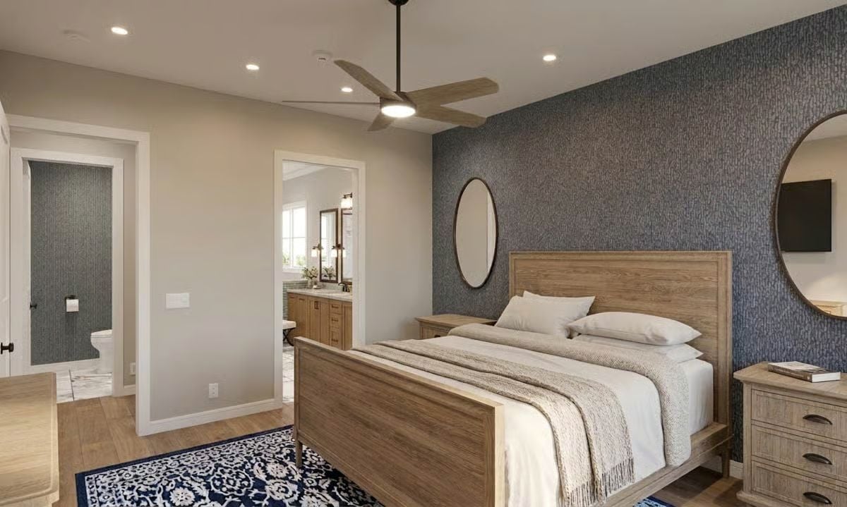 Textured Accent Wall and Natural Wood Furniture Define a Restful Primary Suite