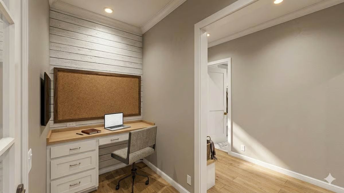 Built-In Desk Nook with Shiplap Wall and Cork Board Keeps Work Contained
