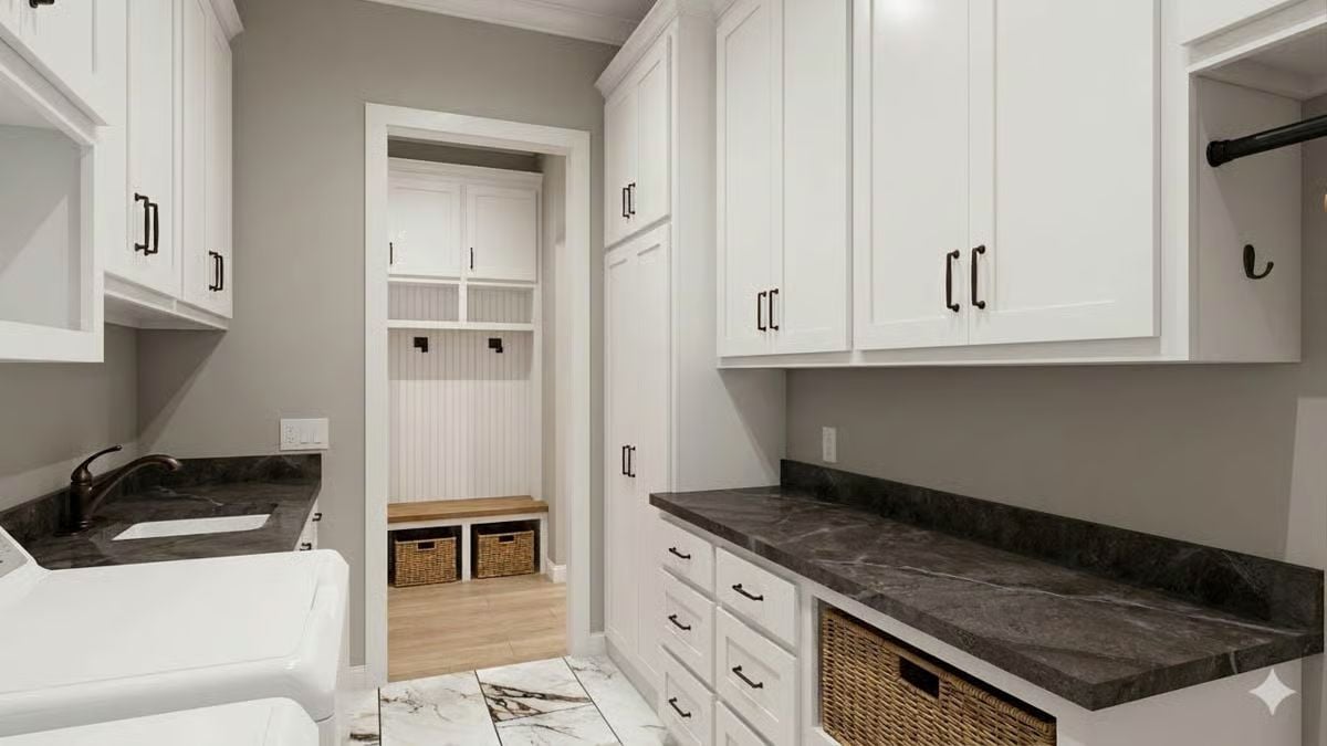 Dark Stone Countertops and Wicker Baskets Ground a Laundry Room Built to Work