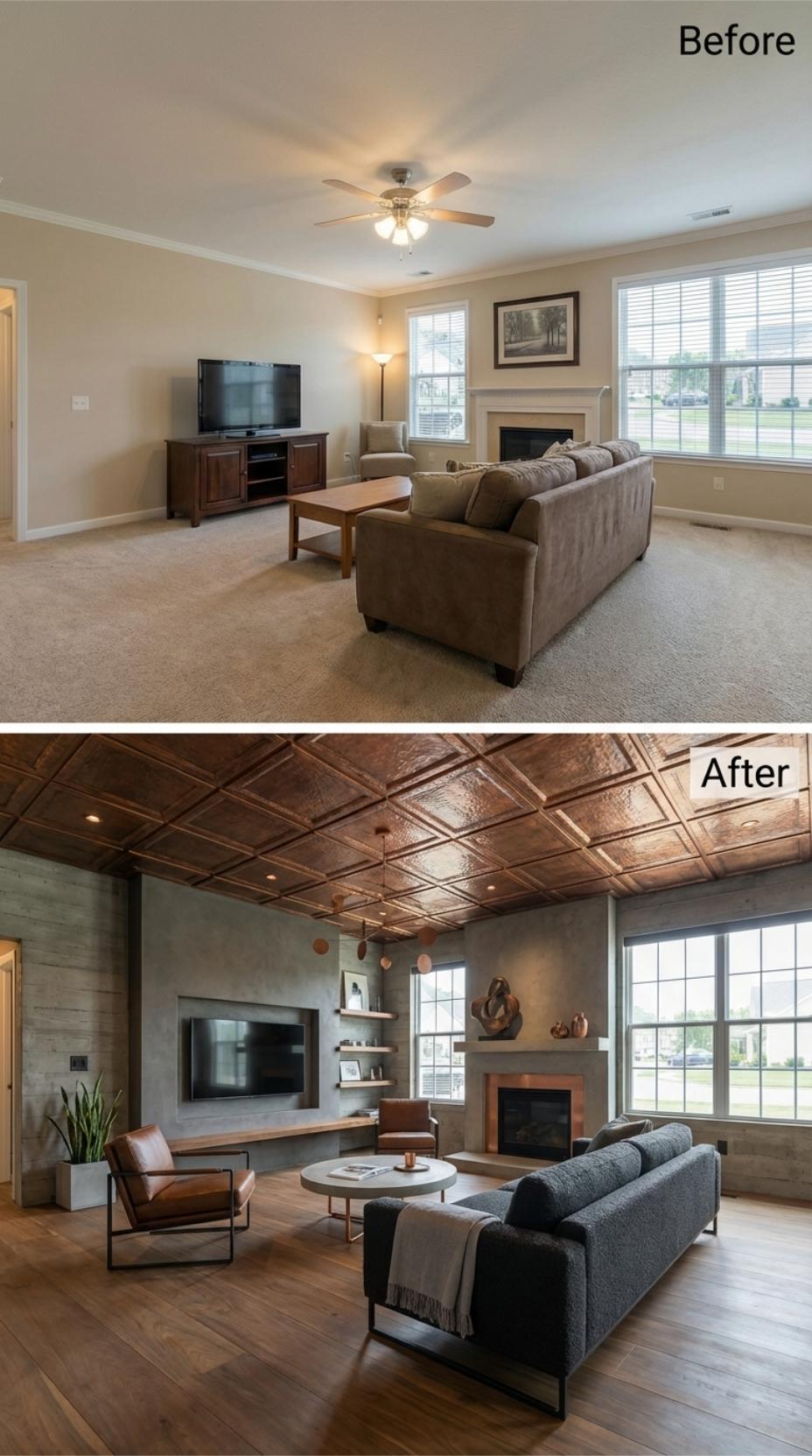 Copper Tin Ceiling and Concrete Walls Pull a Subdivision Room Out of Neutral
