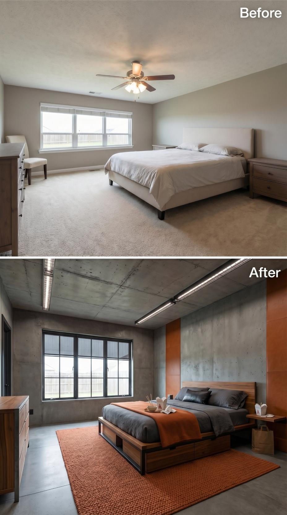 Bare Concrete Walls and Linear LED Strips Replace Carpet and Ceiling Fan
