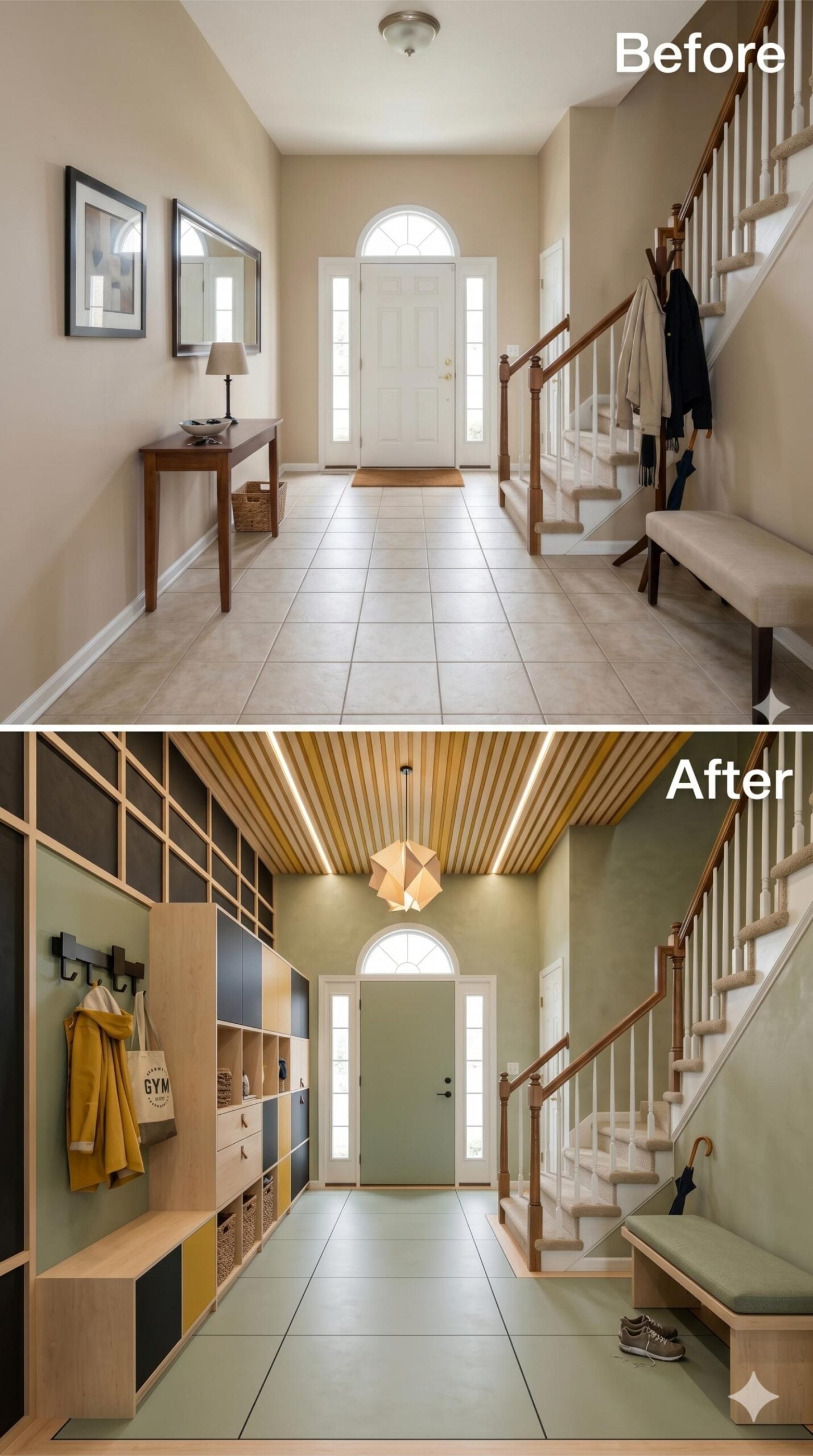 Birch Shelving, Slatted Ceilings, and Sage Paint Turn a Foyer Into a Mudroom Worth Keeping
