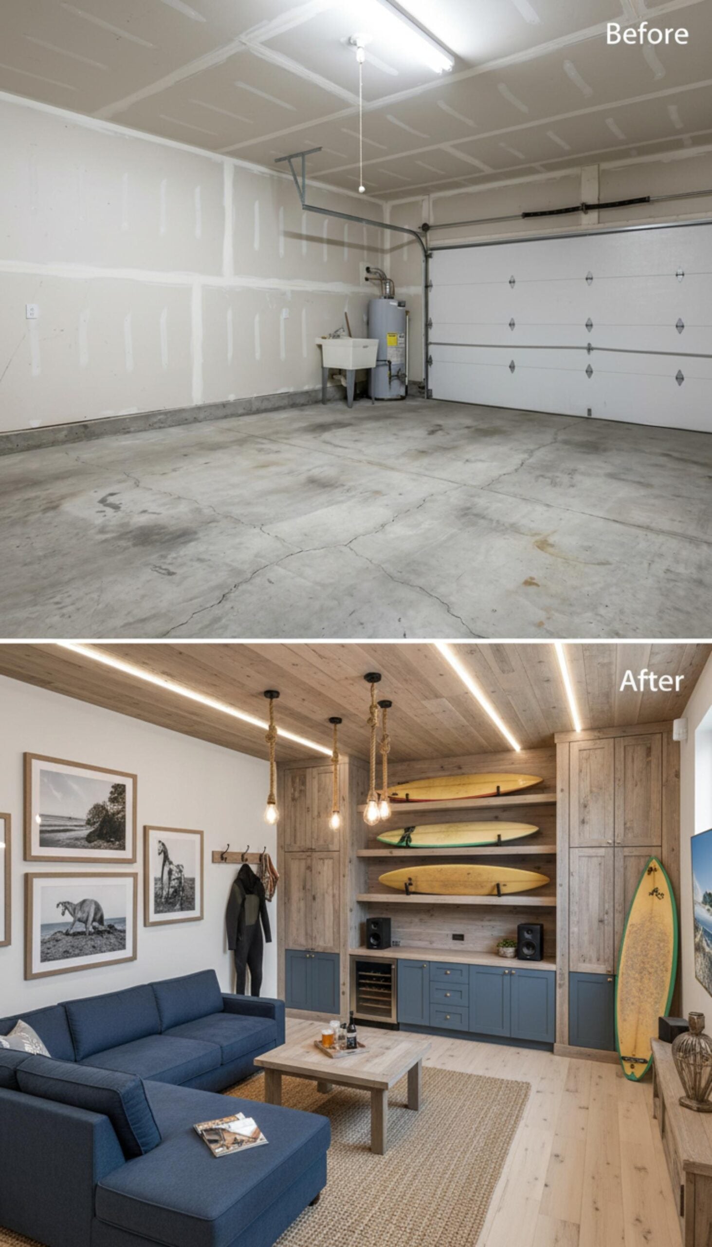 Surfboard Storage Walls and Rope Pendant Lights Give One Garage a Coastal Lounge Identity