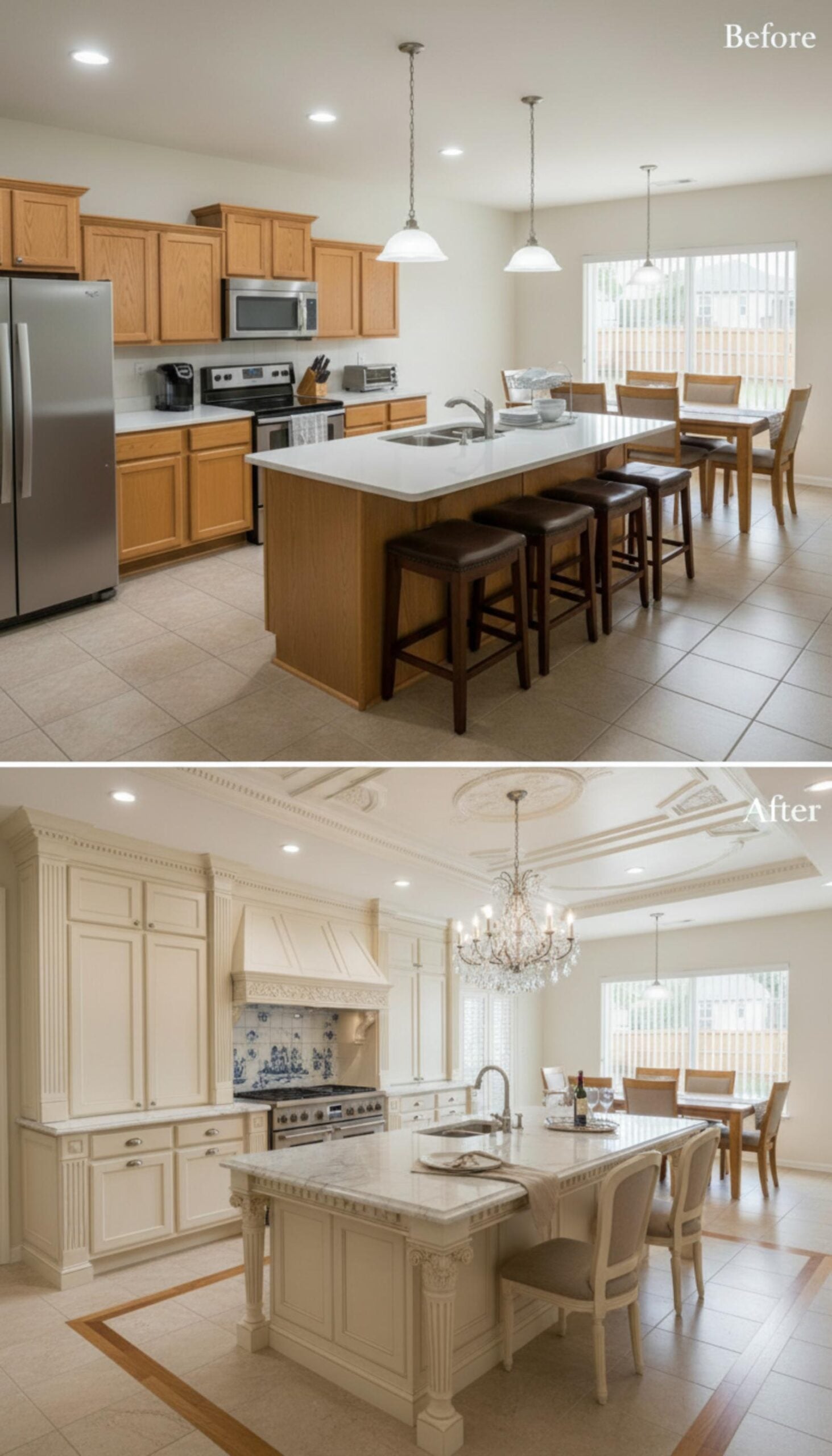 Cream Cabinets, Blue Delft Tile, and a Crystal Chandelier That Rewrites Kitchen Formality