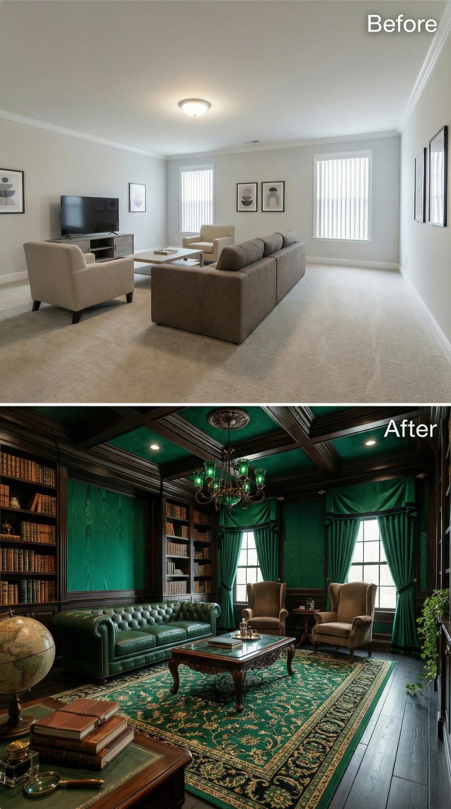 Emerald Walls and a Tufted Chesterfield Overthrew the Beige Carpet Regime