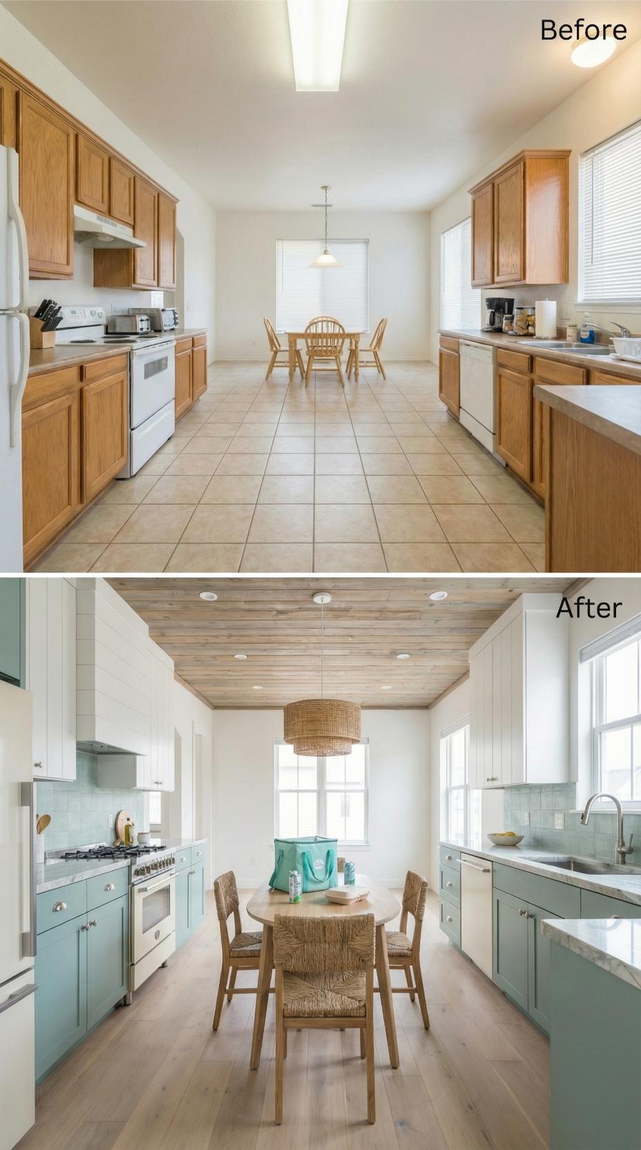 Teal Lower Cabinets and a Wood-Planked Ceiling Finished Off the Beige Tile Era