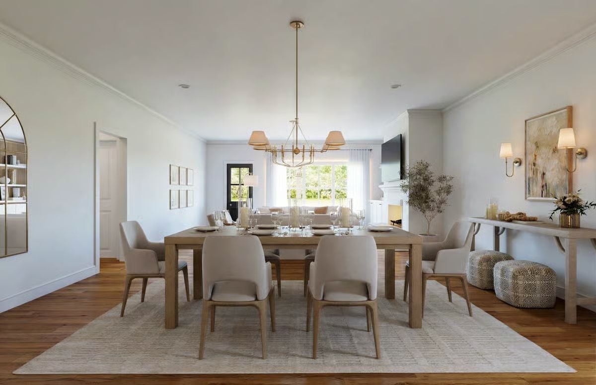 Warm Gold Fixtures and Linen Upholstery Give This Dining Room Its Quiet Confidence
