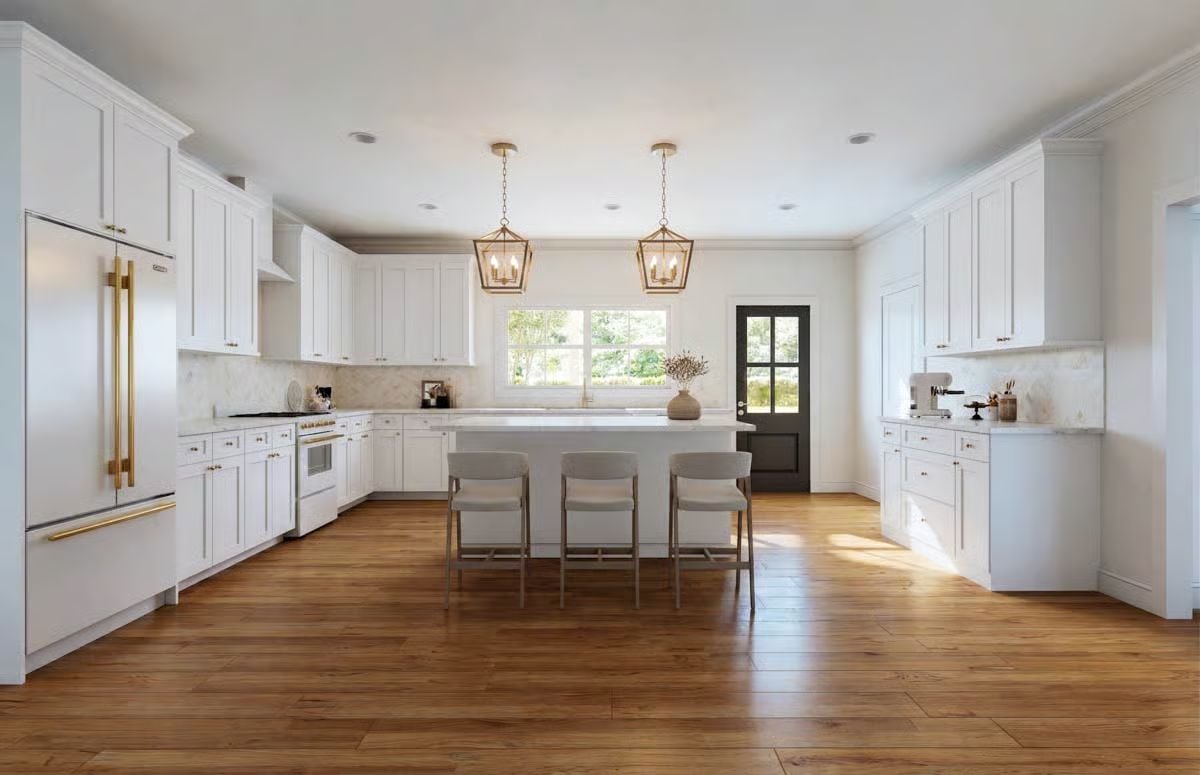 Gold Lanterns and Warm Hardwood Make This White Kitchen Feel Lived-In
