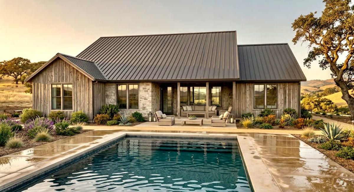 Reclaimed Wood and Stone Farmhouse Wrapped Around a Lap Pool