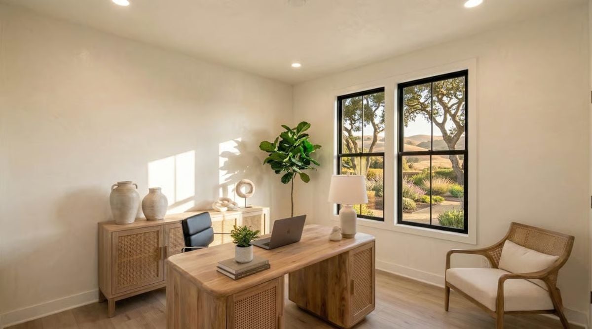 Cane Panels, Natural Wood, and Rolling Hills Frame This Home Office