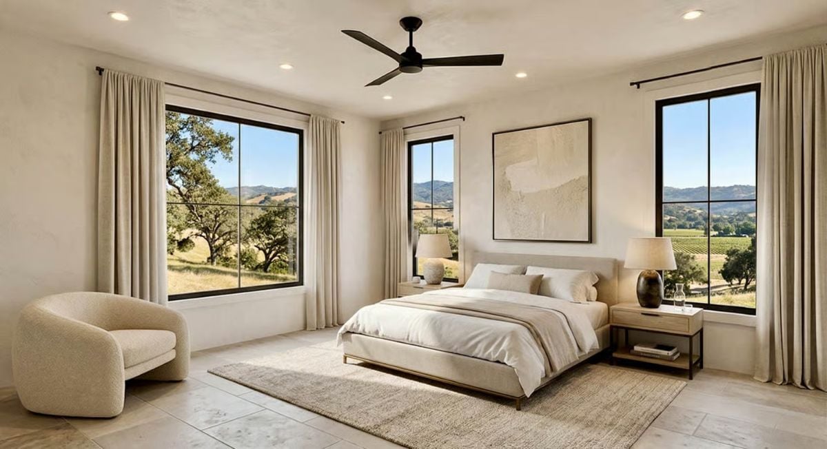 Rolling Hills and Vineyard Views Anchor This Sun-Drenched Primary Bedroom