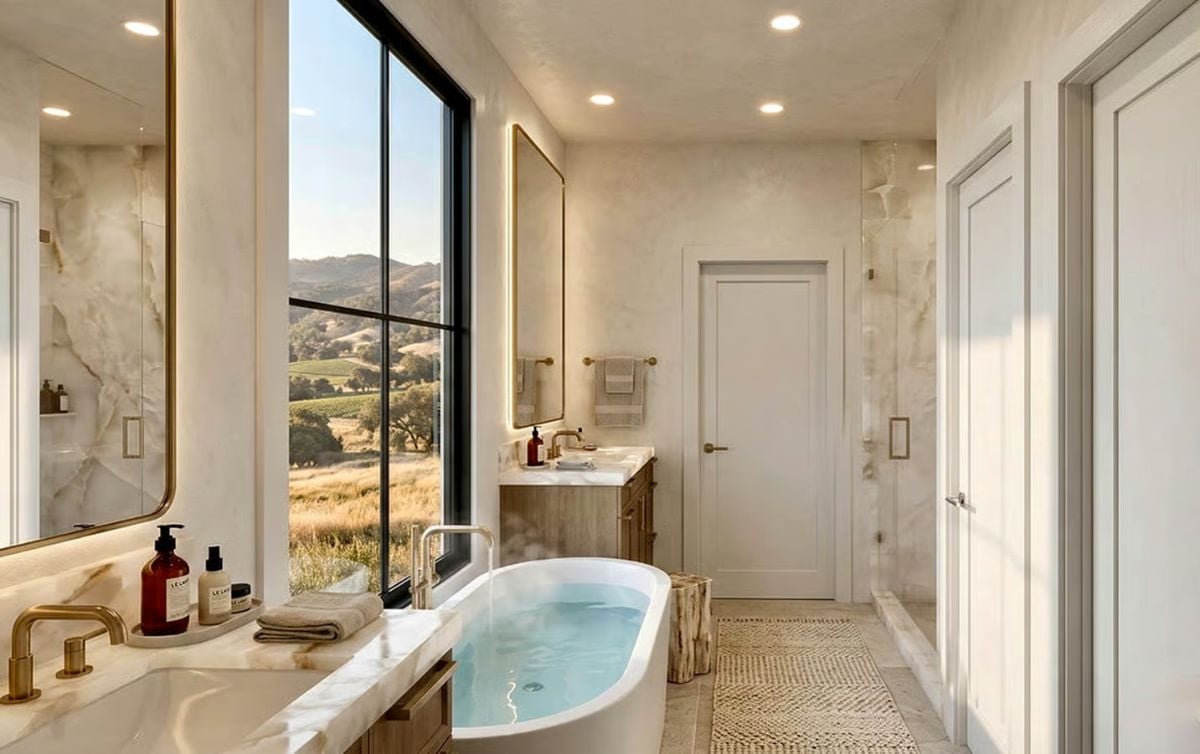 Freestanding Tub and Vineyard Views Make This Primary Bath Worth Lingering In