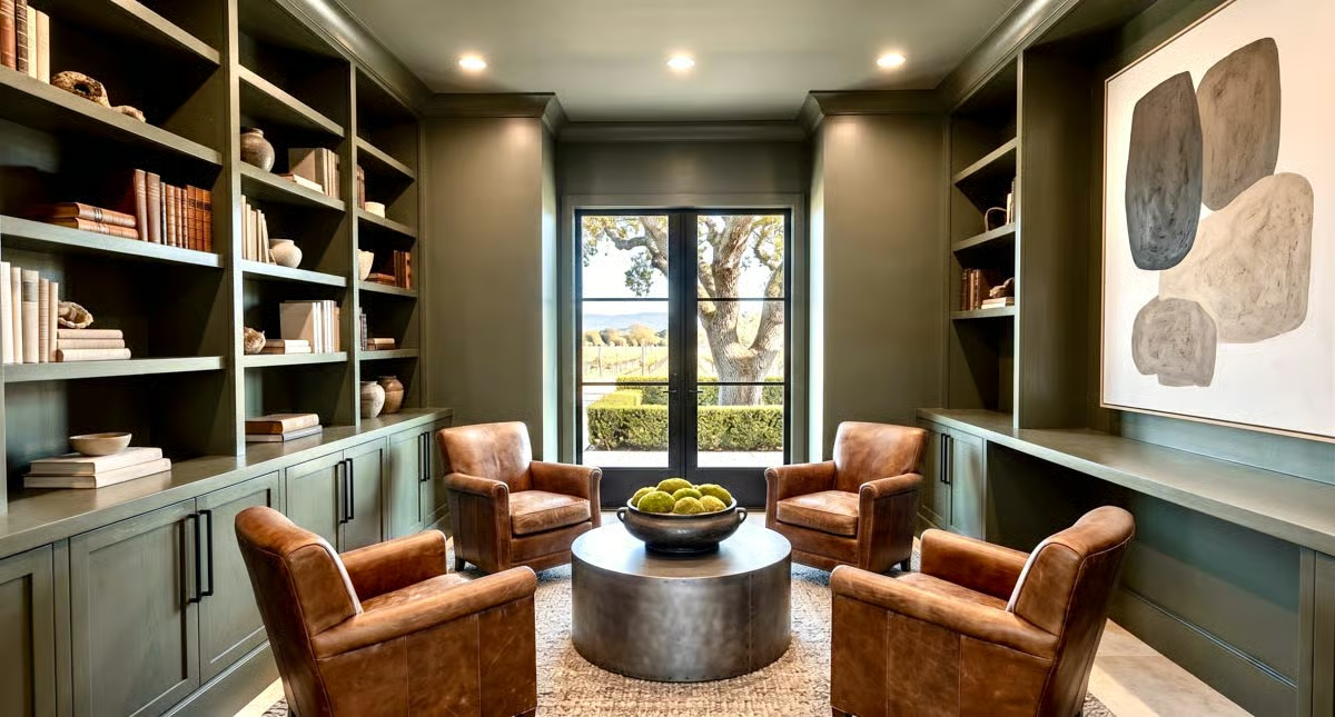 Sage Built-Ins and Cognac Leather Make a Case for the Home Library