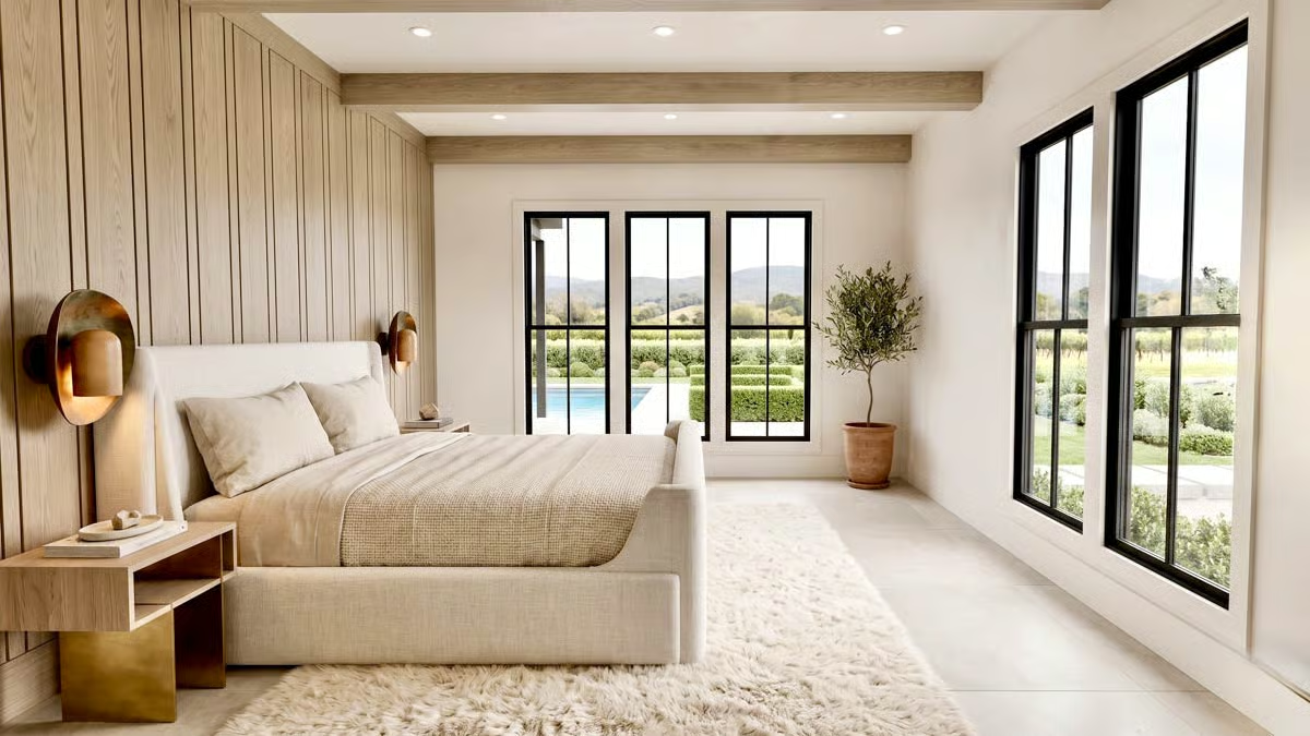 Warm Wood Paneling and Brass Sconces Pull This Primary Bedroom Together