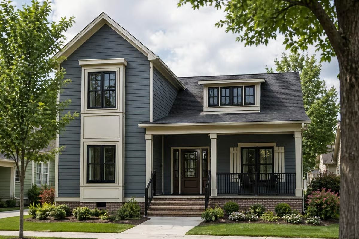 Blue-Gray Hardie Board Siding Meets Black Window Frames on a Narrow Lot