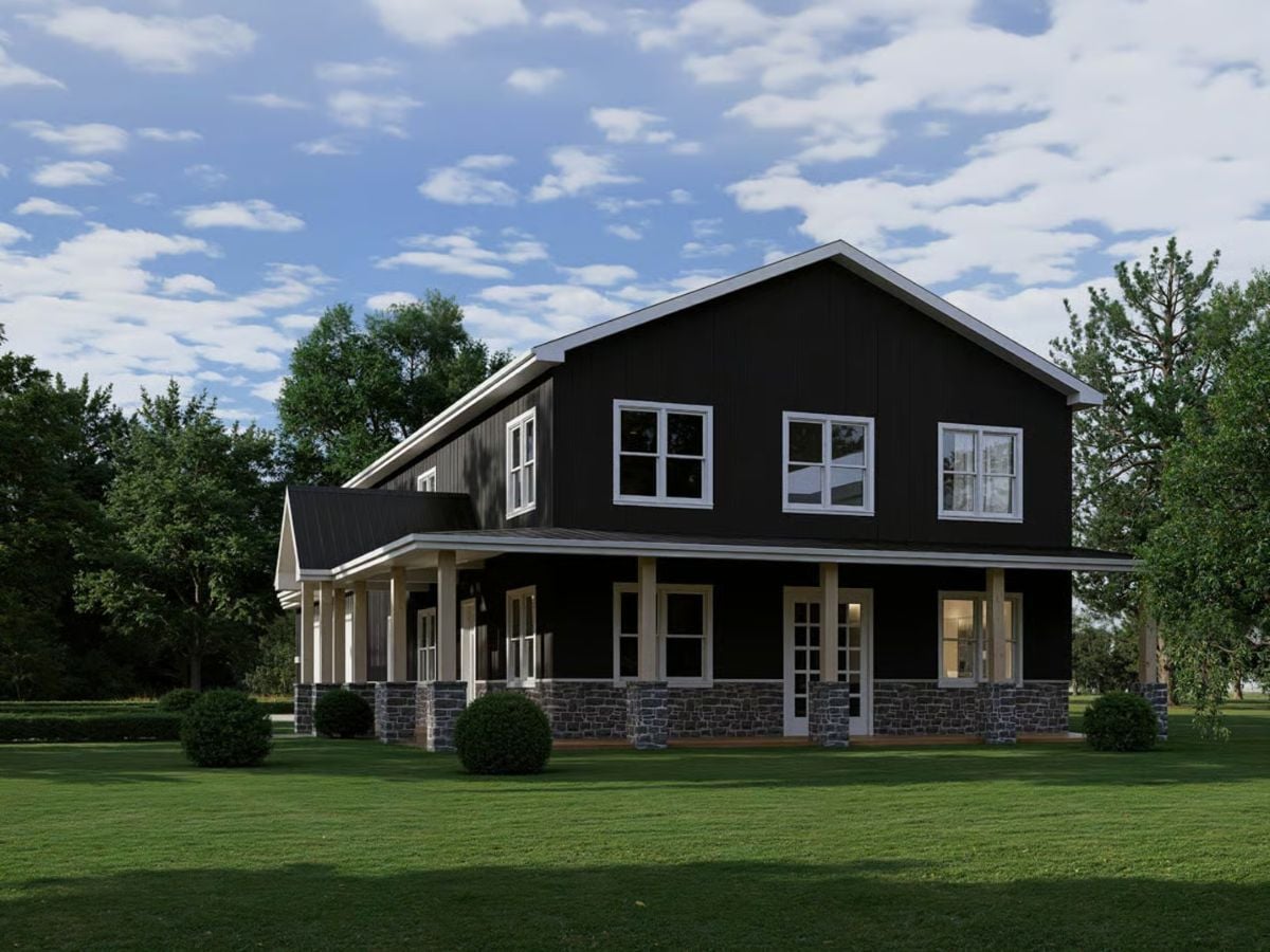 Dark Board-and-Batten Exterior Meets Stone Foundation on This Barndominium Build