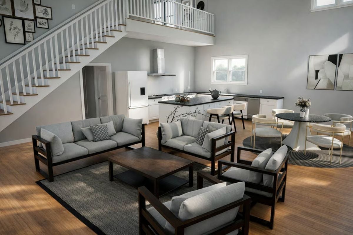 Open-Plan Living Gets Grounded by Dark Wood Frames and Gray Upholstery