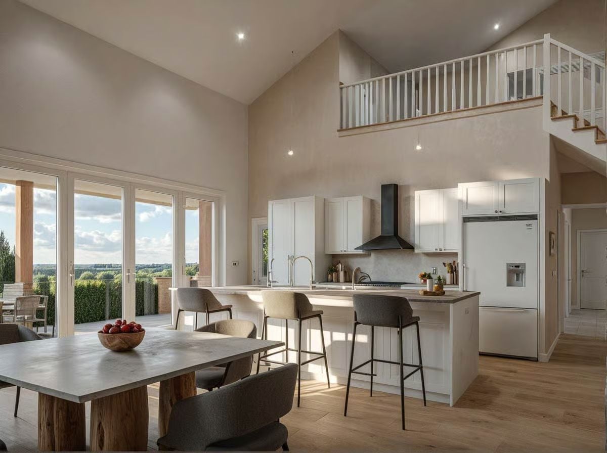 Vaulted Ceilings and a Kitchen Island Make This Open Plan Work Hard