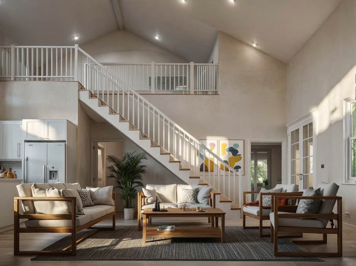 Vaulted Ceilings and Double-Height Walls Give This Barndominium Living Room Its Scale
