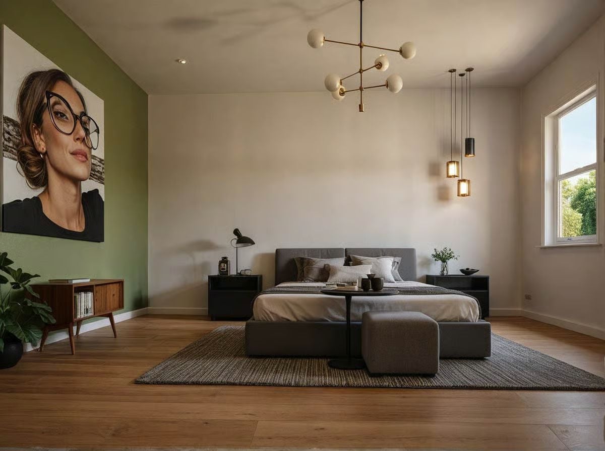 Large-Format Portrait Art Anchors a Modern Bedroom with Layered Lighting