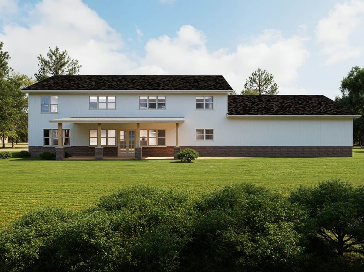 Covered Back Porch Brings Warmth to a White Farmhouse Exterior