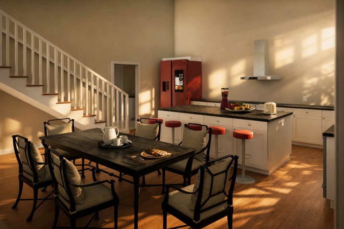Warm Kitchen and Dining Area Anchored by Dark Wood and Red Accents