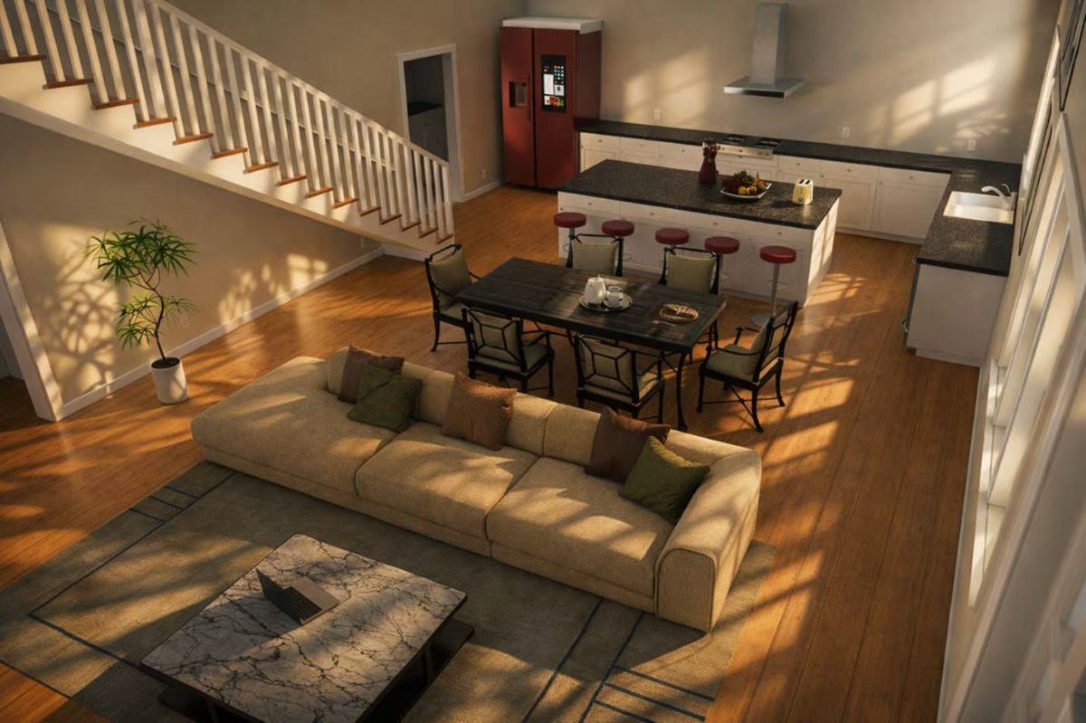 Open-Plan Living Anchored by Hardwood Floors and a Kitchen Island