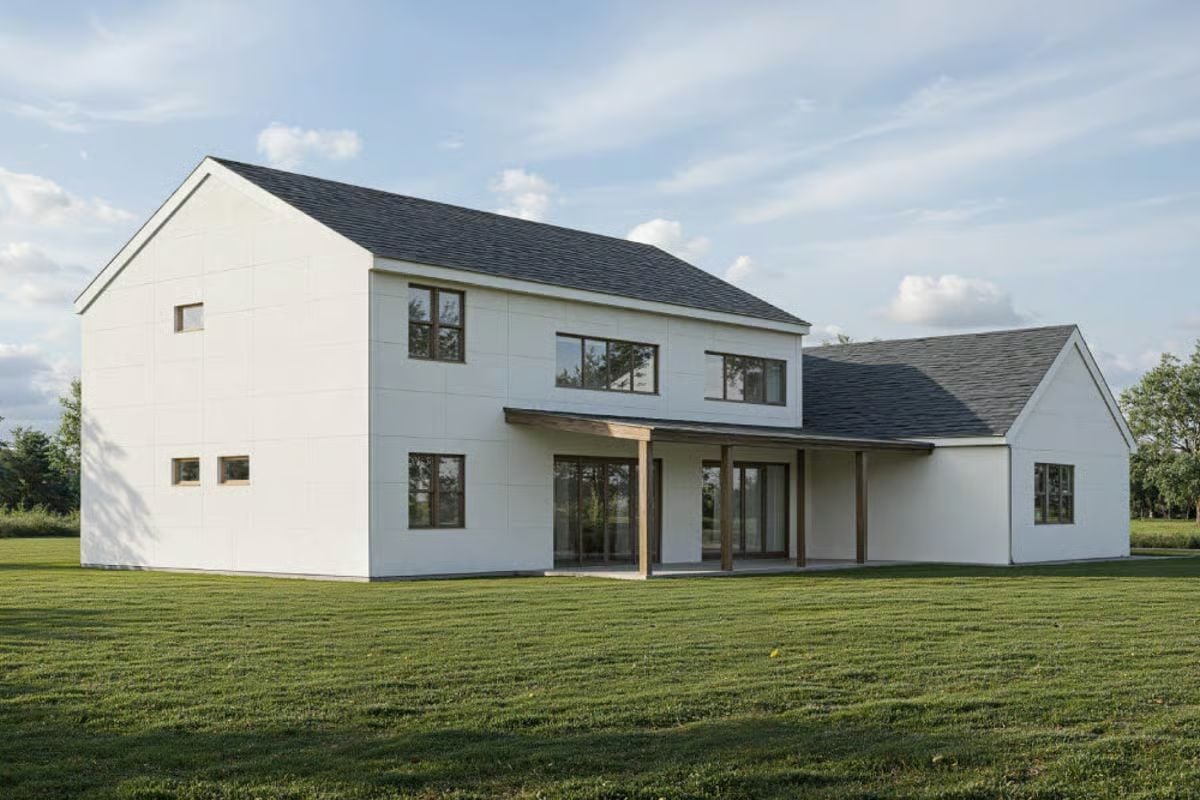 Clean Lines and Wood Accents on a Modern Farmhouse Rear Elevation