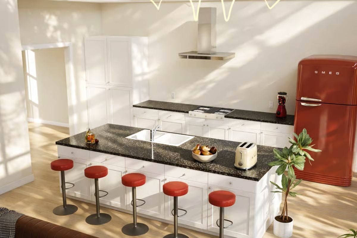 Red SMEG Refrigerator Anchors a Retro-Modern Kitchen Island Setup