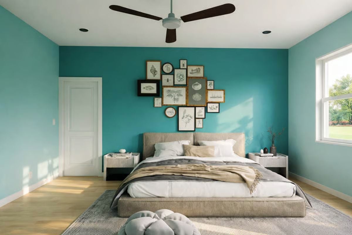 Teal Walls and a Gallery Cluster Turn a Bedroom Into Something Worth Waking Up In