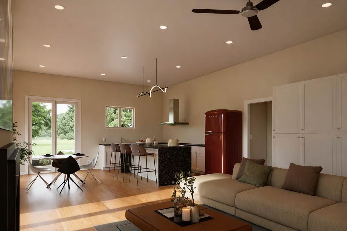 Red SMEG Refrigerator Steals the Show in This Open-Plan Kitchen