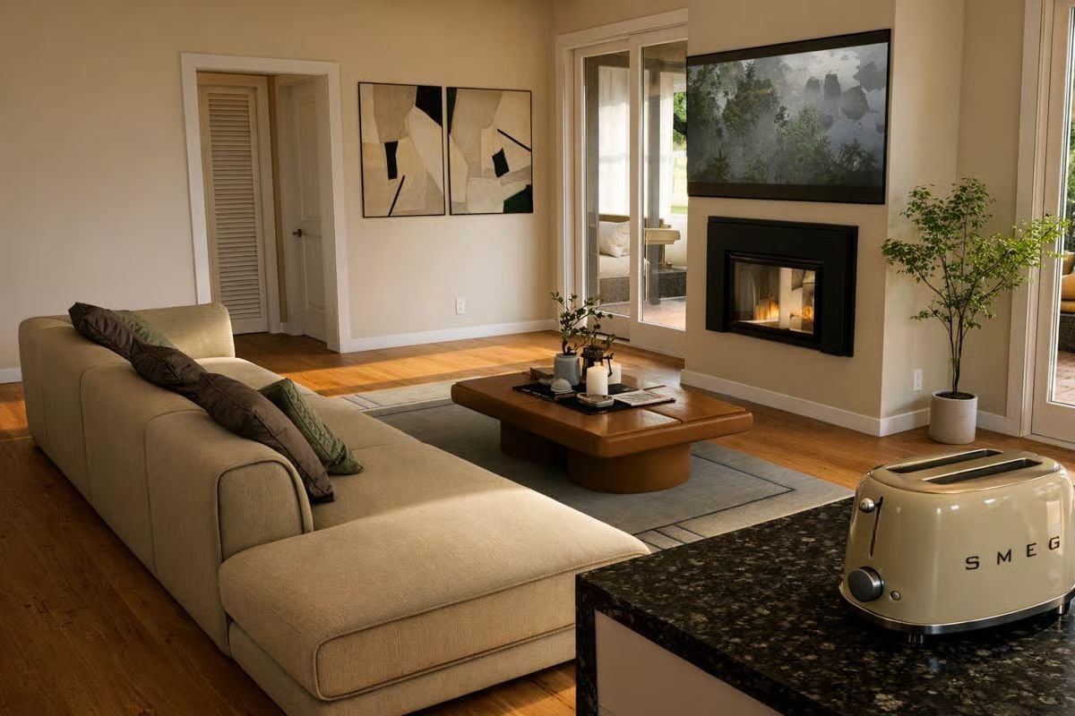 Cream SMEG Toaster Fits Right Into This Firelit Living Room