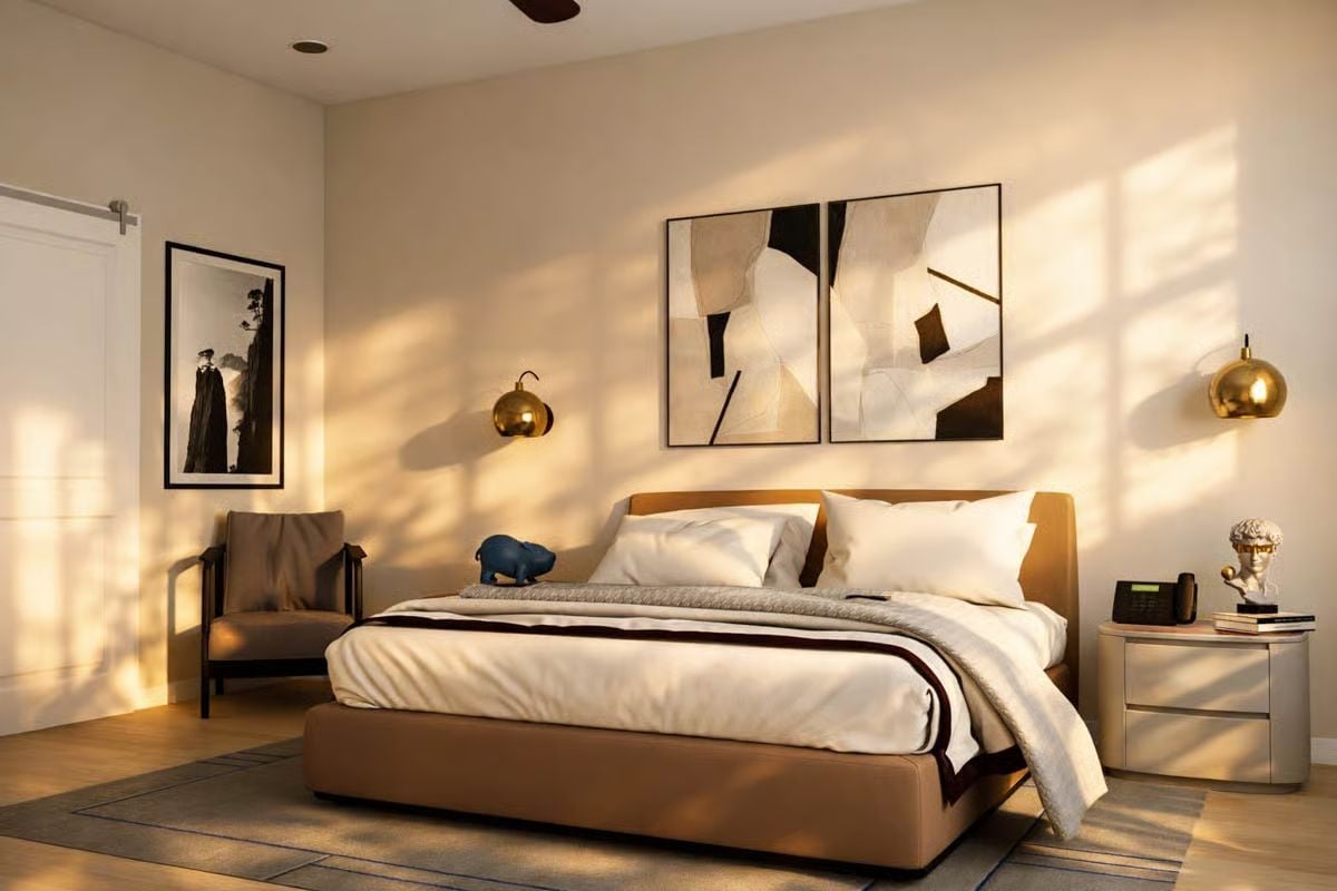 Gold Sconces and an Abstract Diptych Pull This Bedroom Together Without Trying Too Hard