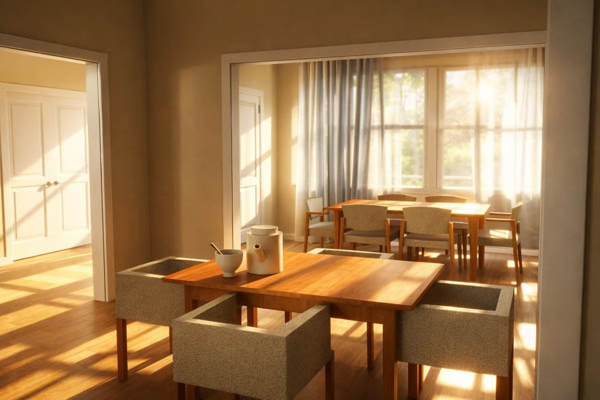 Afternoon Sun Through Sheer Curtains Makes Every Dining Room Look Better Than It Is