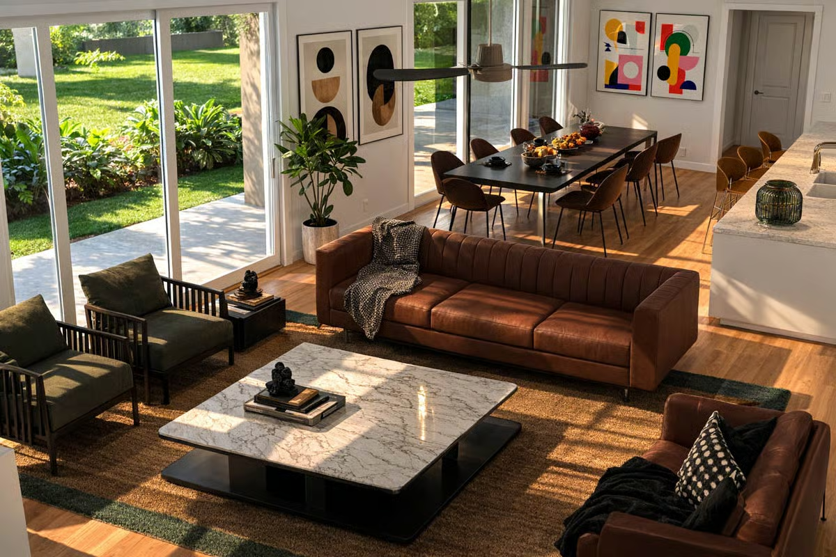 Cognac Leather and Marble Set the Tone in This Open-Plan Living Space