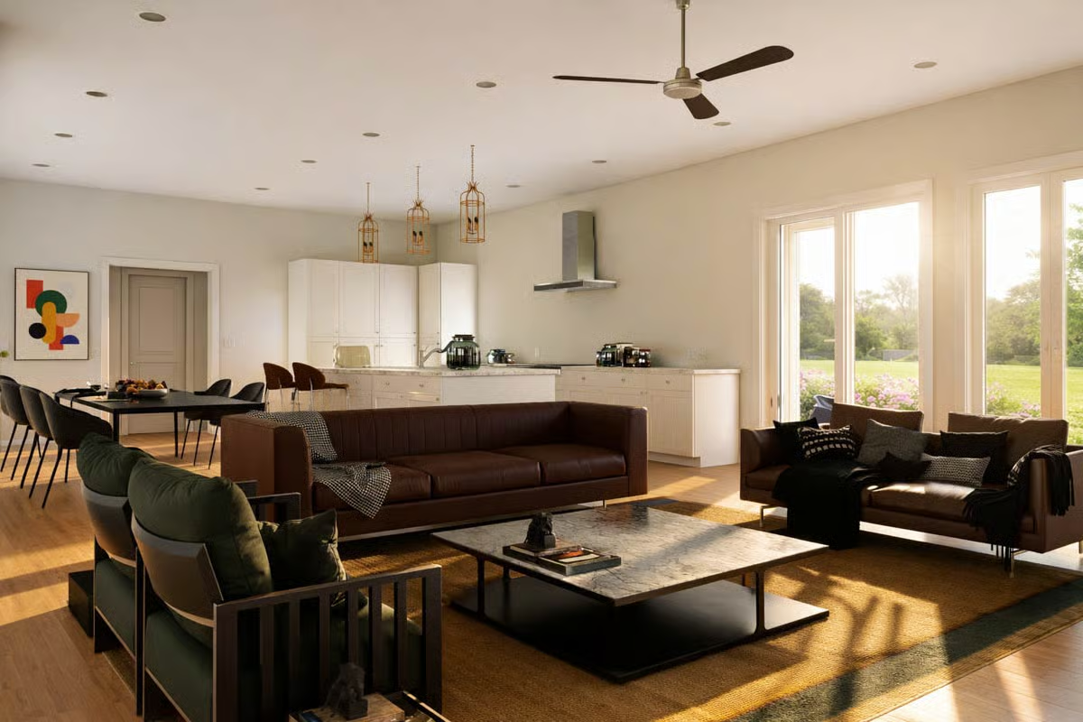 Cognac Leather and Low-Slung Furniture Own the Open Floor Plan