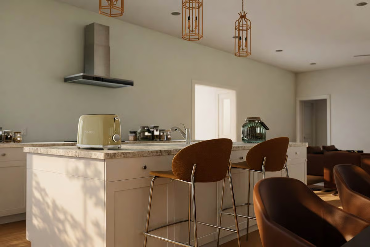 Olive-Green Smeg and Gold Cage Pendants Give This Kitchen Its Personality