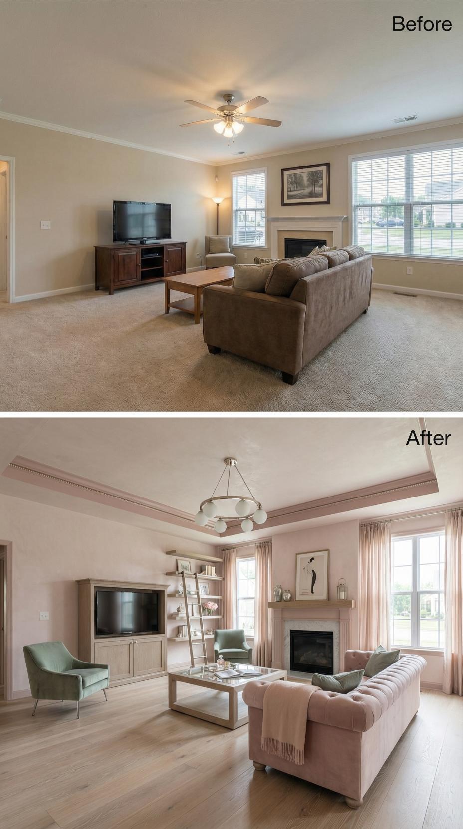 Blush Walls, a Tray Ceiling, and Built-Ins Replace Carpet and a Builder Fan