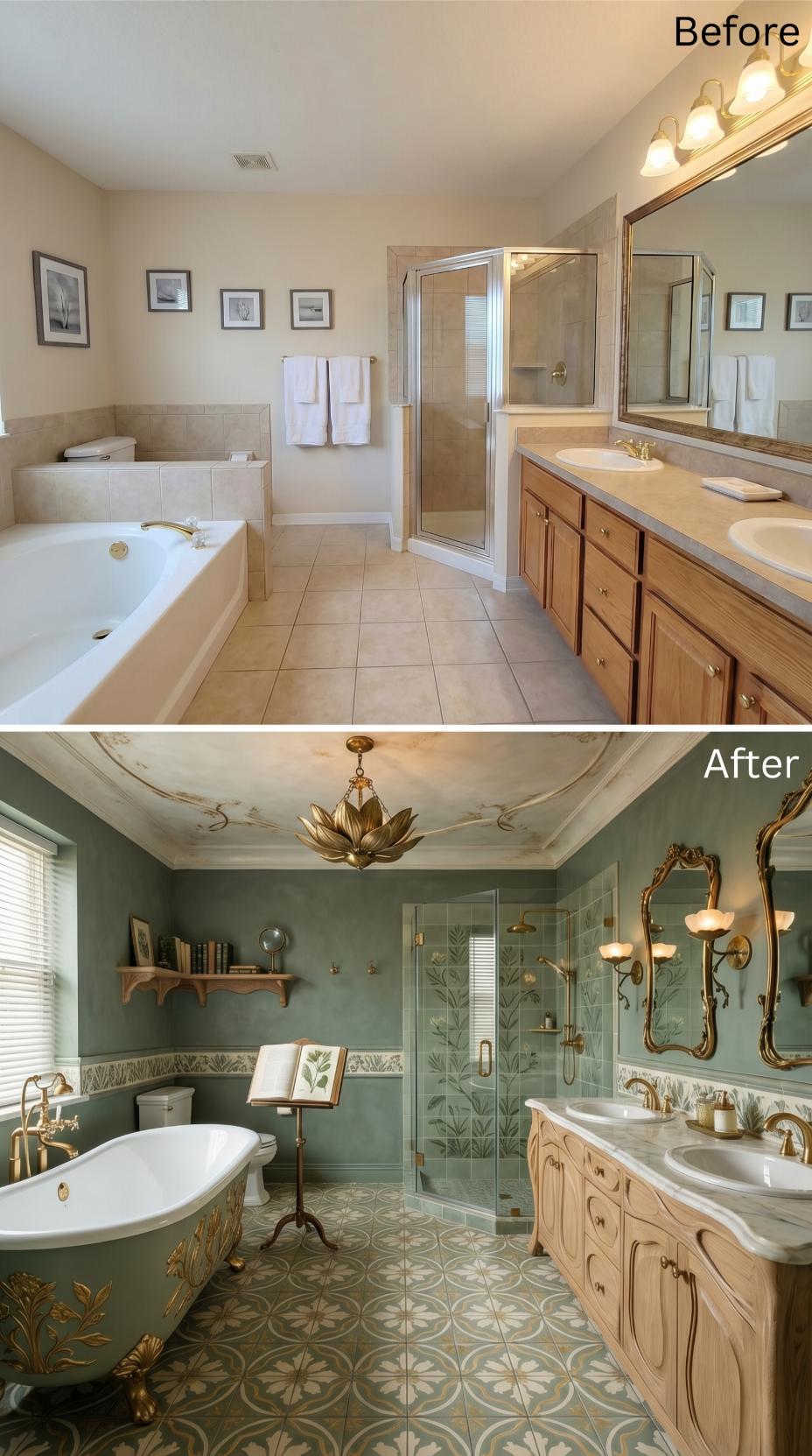Sage Green Walls, Gold Botanical Fixtures, and a Clawfoot Tub That Earned a Book Stand