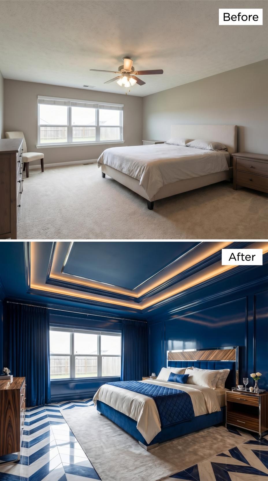 Royal Blue Lacquer Walls and Chevron Marble Floors Replace Builder Carpet and Ceiling Fan