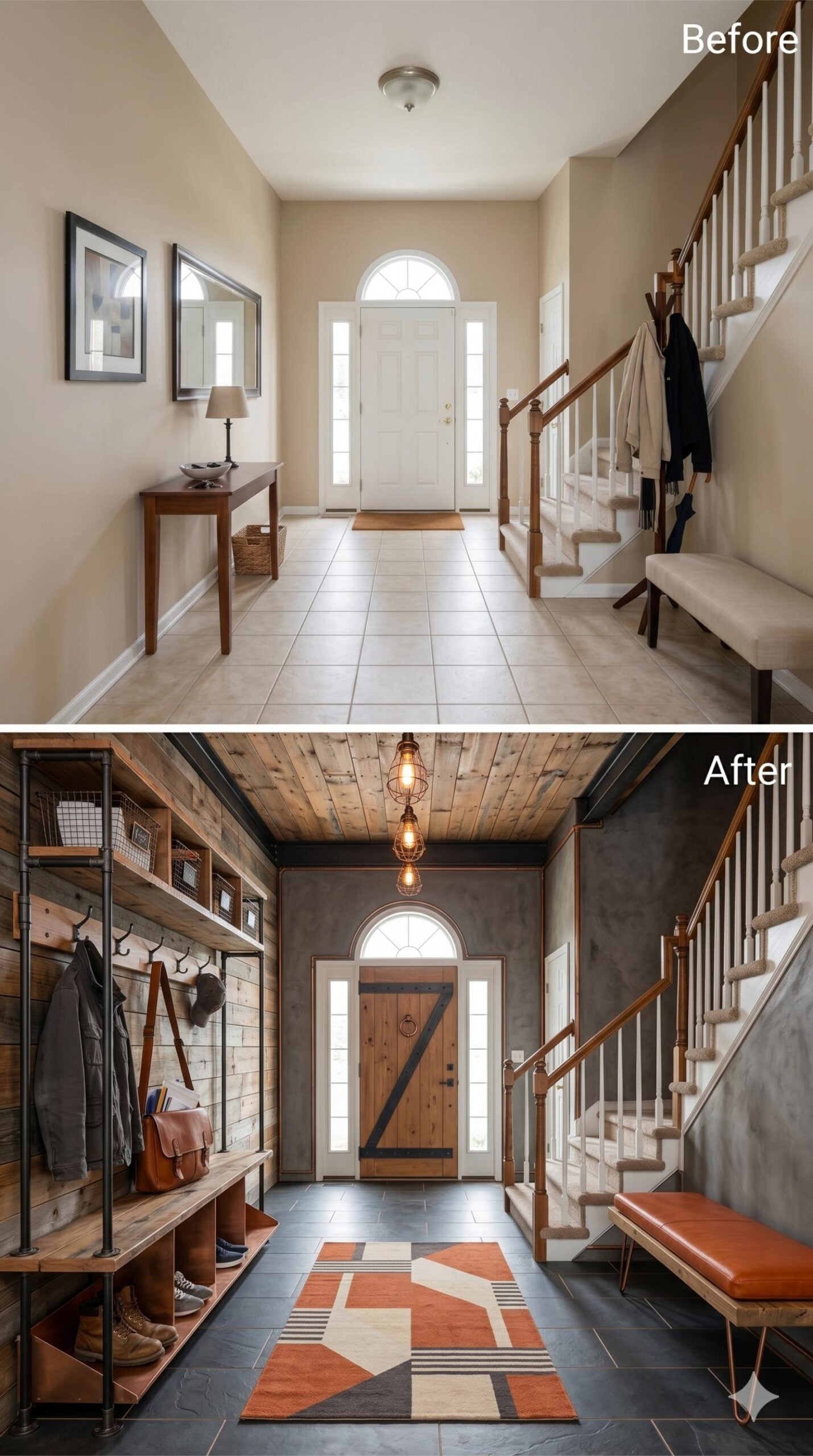 Reclaimed Wood Shelving and Cage Pendants Give This Foyer Industrial Backbone