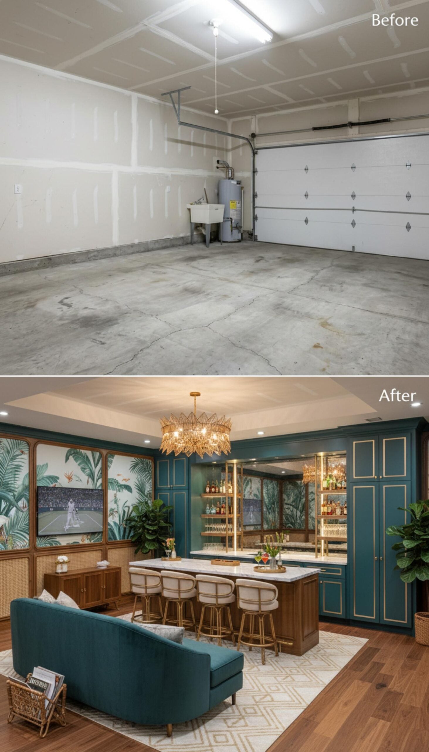 Teal Cabinetry, Gold Trim, and Tropical Wallpaper Fuel a Garage Bar Conversion