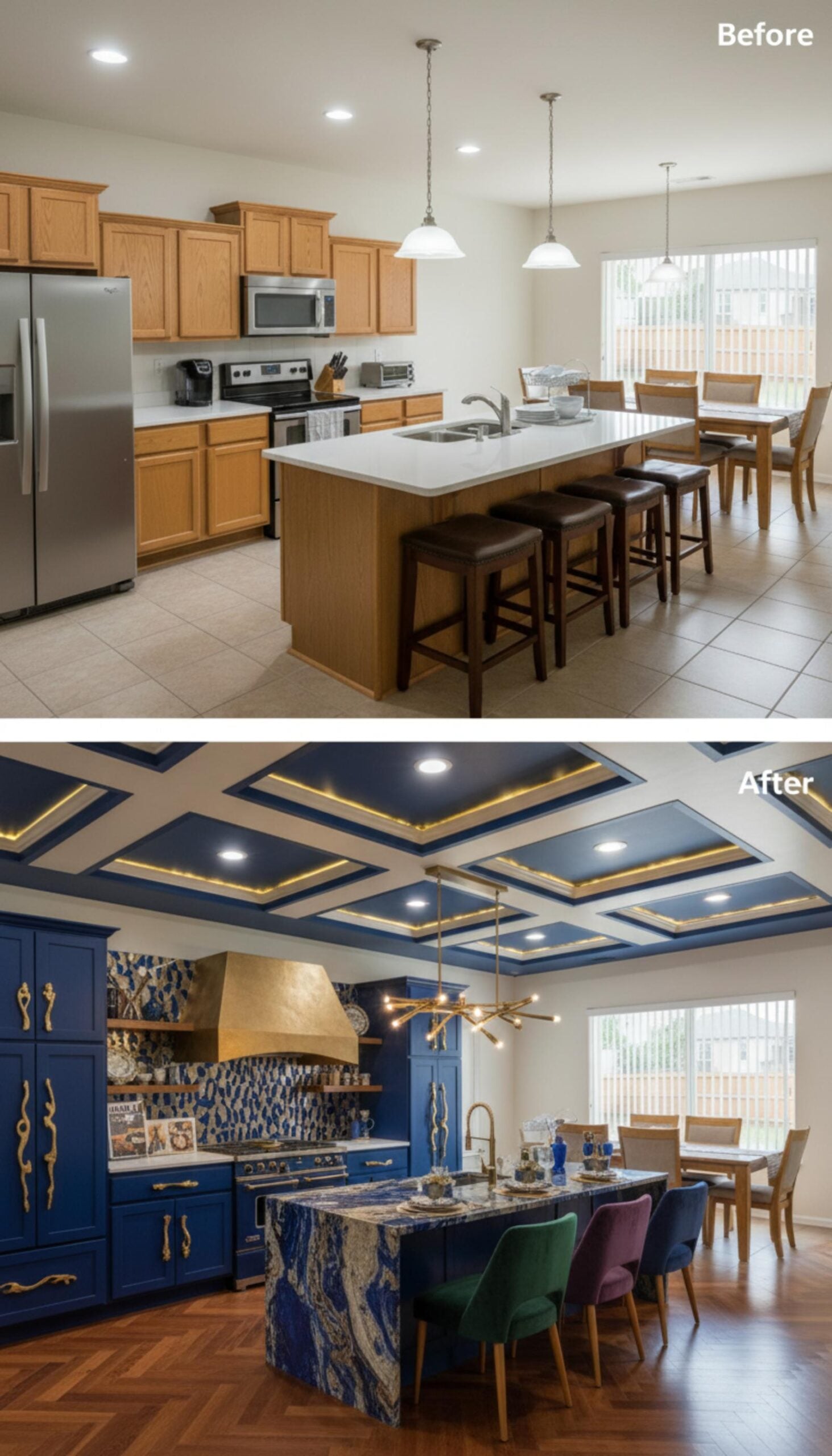 Sodalite Blue Island Slab, Gold Range Hood, and a Coffered Ceiling Lit From Within