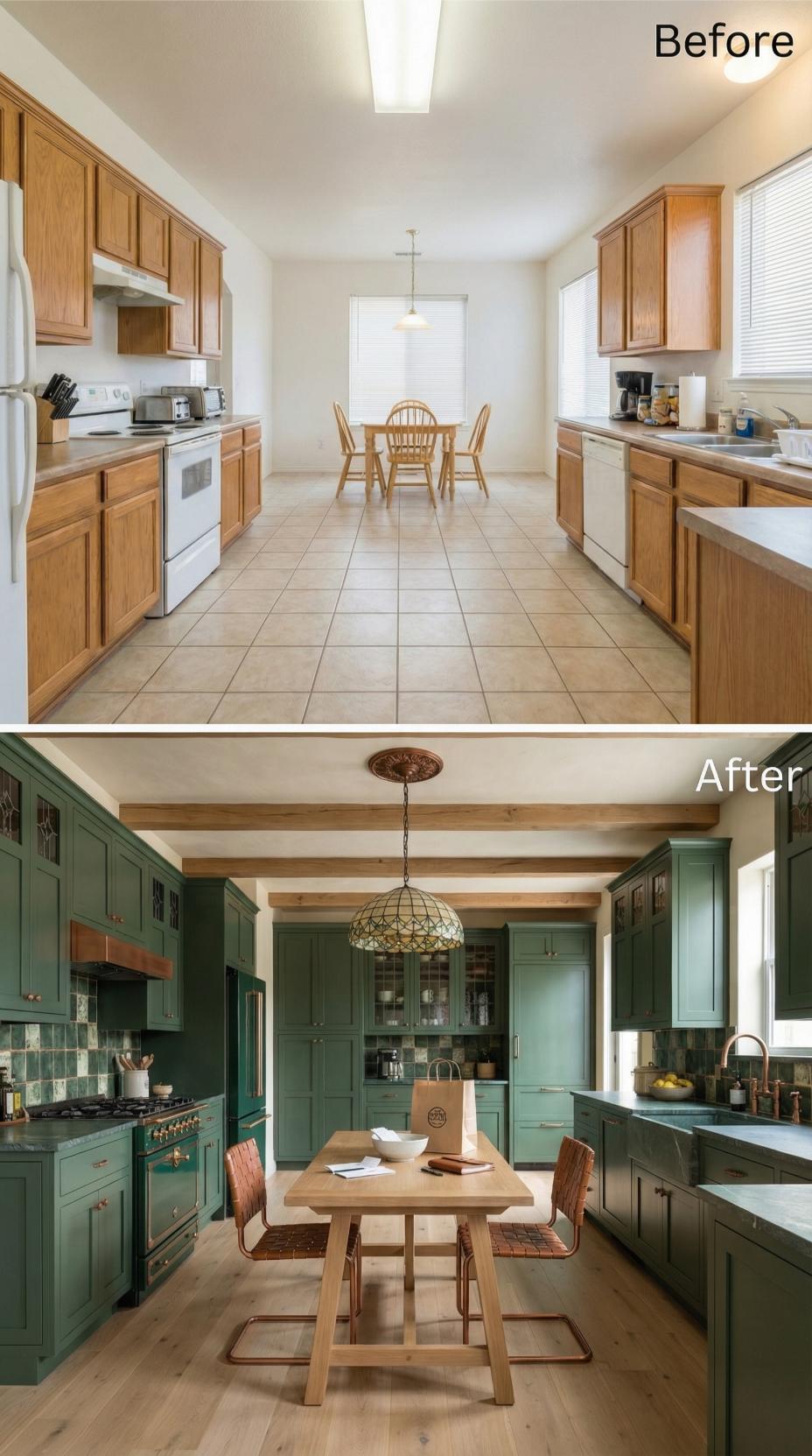 Forest Green Cabinets and Copper Hardware Erased the Honey Oak in One Move