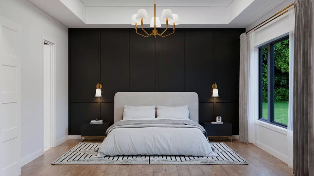 Bold Black Paneling Sets a Dramatic Backdrop in This Primary Bedroom