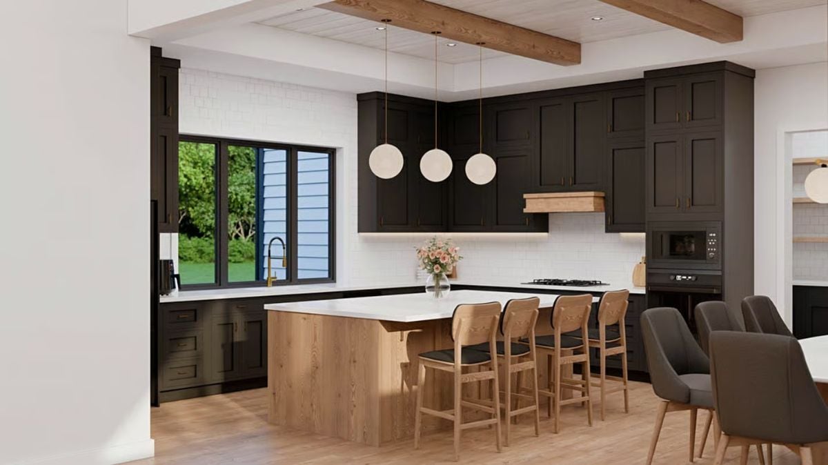 Dark Cabinetry and Warm Wood Tones Define a Bold Kitchen Interior